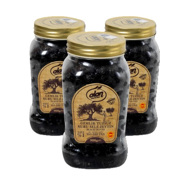 3'lü Avantaj Paketi Az Tuzlu Gemlik Kuru Sele Zeytin 351-380 2XS Pet 900 GR